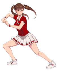 Rule 34 | 1girl, alternate costume, alternate hair color, alternate hairstyle, ankle socks, breasts, brown eyes, brown hair, dead or alive, dead or alive 5, fighting stance, hair ribbon, hayate (leaf98k), lei fang, pleated skirt, polo shirt, ribbon, shoes, skirt, sneakers, socks, solo, sportswear, twintails