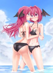 Rule 34 | 2girls, 3692materia, ass, back, bat wings, bespectacled, bikini, black bikini, blue sky, blush, breast press, breasts, cloud, day, dual persona, glasses, gradient background, head wings, highres, holding hands, koakuma, large breasts, long hair, looking at viewer, midriff, multiple girls, navel, open mouth, outdoors, panties, partially submerged, profile, red eyes, red hair, short hair, sky, swimsuit, symmetrical docking, touhou, underwear, wading, water, wings