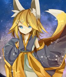 Rule 34 | 1girl, alternate costume, amatsu kitsune (vocaloid), animal ears, black kimono, blonde hair, blue eyes, closed mouth, commentary, detached sleeves, fox ears, fox tail, highres, housuke (flb66i2qnuqy63f), japanese clothes, kagamine rin, kimono, light particles, looking at viewer, medium hair, night, night sky, sky, solo, tail, vocaloid