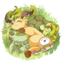 Rule 34 | :&gt;, :3, ^ ^, animal focus, artist name, blush, budew, catsbell, closed eyes, closed mouth, creatures (company), day, full body, game freak, gen 4 pokemon, gen 7 pokemon, grass, green theme, happy, leaf, leafeon, lying, nintendo, no humans, nose bubble, on back, on ground, on side, open mouth, outdoors, pawpads, pokemon, pokemon (creature), round image, rowlet, signature, sleeping, smile, smoliv, sprigatito, trait connection, twitter username, u u, wavy mouth