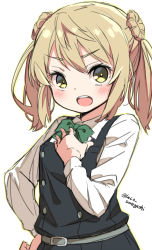 Rule 34 | 1girl, bow, bowtie, brown eyes, commentary request, double bun, dress, green bow, green bowtie, hair bun, hand on own chest, kantai collection, laco soregashi, light brown hair, looking at viewer, michishio (kancolle), michishio kai ni (kancolle), one-hour drawing challenge, open mouth, pinafore dress, round teeth, shirt, short twintails, simple background, sleeveless, sleeveless dress, solo, teeth, twintails, twitter username, upper teeth only, white background, white shirt