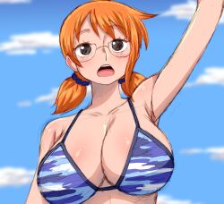 Rule 34 | 1girl, absurdres, arm up, blue sky, breasts, brown eyes, cleavage, cloud, cloudy sky, collarbone, day, glasses, highres, large breasts, long hair, nami (one piece), one piece, open mouth, orange hair, outdoors, short twintails, simmsy, sky, solo, swimsuit, teeth, tongue, twintails, upper body, upper teeth only