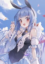 Rule 34 | 1girl, :d, amusement park, animal ears, bare shoulders, black necktie, blue hair, blue nails, carrot pin, chariot.f, cloud, cloudy sky, confetti, detached sleeves, don-chan (usada pekora), dress, fake animal ears, frills, hand up, highres, hololive, light blush, long hair, looking at viewer, nail polish, necktie, open mouth, pleated dress, rabbit ears, rabbit girl, red eyes, short eyebrows, short necktie, sky, sleeveless, sleeveless dress, smile, solo, spaghetti strap, straight hair, thick eyebrows, upper body, usada pekora, usada pekora (furi furi bunny dress), v, virtual youtuber, wrist cuffs