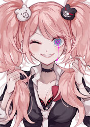 Rule 34 | 1girl, bear hair ornament, black choker, blood, bloody tears, bow, breasts, choker, cleavage, collarbone, danganronpa: trigger happy havoc, danganronpa (series), enoshima junko, green eyes, grey background, grin, hair ornament, highres, holding, holding own hair, large breasts, long hair, necktie, one eye closed, pink blood, red bow, simple background, smile, solo, teeth, twintails, upper body, yuma (yumachansan)