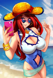 Rule 34 | 1girl, absurdres, anchor necklace, bare shoulders, blue-tinted eyewear, blue one-piece swimsuit, bracelet, breasts, cleavage, cleavage cutout, clothing cutout, day, earrings, grin, halterneck, hat, heart, heart-shaped eyewear, heart-shaped sunglasses, highres, hoop earrings, jewelry, large breasts, league of legends, legs together, long hair, miss fortune (league of legends), navel, necklace, one-piece swimsuit, outdoors, pool party miss fortune, red hair, see-through, selfie, smile, solo, sunglasses, swept bangs, swimsuit, thighs, tinted eyewear, v, white one-piece swimsuit, yashichii, yellow hat