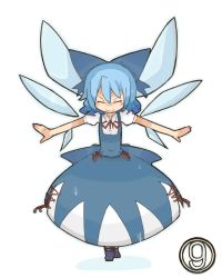 Rule 34 | circled 9, 1girl, bad id, bad pixiv id, blue hair, blush, cirno, dress, dress shirt, closed eyes, grin, hair ribbon, katsudansou, mary janes, outstretched arms, outstretched hand, ribbon, shirt, shoes, short sleeves, smile, solo, tiptoes, touhou, wings