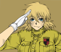 Rule 34 | blonde hair, blue eyes, face, fang, gloves, hellsing, kouya (libera), salute, seras victoria, solo, uniform