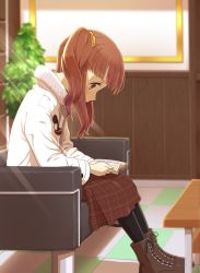 Rule 34 | 1girl, bad id, bad pixiv id, black pantyhose, book, boots, brown eyes, brown footwear, brown hair, brown skirt, checkered floor, coat, from side, fur trim, hair ornament, hair scrunchie, holding, idolmaster, idolmaster cinderella girls, indoors, long hair, looking down, ogata chieri, open book, pantyhose, reading, scrunchie, sitting, skirt, solo, twintails, white coat, yama tatsuo, yellow scrunchie