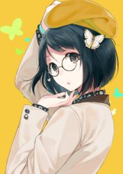 Rule 34 | 1girl, beret, blazer, butterfly hair ornament, floral print, from side, glasses, hair ornament, hand on headwear, hand on own chin, hat, jacket, looking to the side, orange background, orange hat, sasamori tomoe, simple background, solo