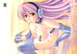 Rule 34 | 1girl, areola slip, ass, blush, bottomless, breasts, detached sleeves, dutch angle, elbow gloves, gloves, headphones, highres, kanesada keishi, large breasts, legs, long hair, original, pink hair, see-through, solo, thighhighs, thighs, water, yellow eyes