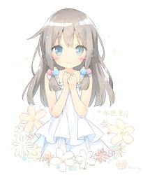 Rule 34 | 1girl, bare arms, bare shoulders, blue eyes, blush, brown hair, closed mouth, collarbone, copyright request, dress, floral background, hands up, kani biimu, looking at viewer, own hands together, signature, sleeveless, sleeveless dress, smile, solo, translated, white background, white dress