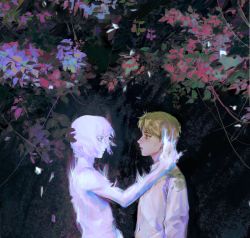 Rule 34 | 2boys, armin arlert, blonde hair, blue eyes, collared shirt, colored skin, crying, crying with eyes open, dual persona, eye contact, from side, frown, glowing, hand on another&#039;s neck, highres, leaf, long sleeves, looking at another, male focus, multiple boys, outdoors, parted lips, profile, ramiica, shingeki no kyojin, shirt, short hair, surreal, tears, upper body, white hair, white shirt, white skin