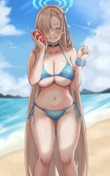 Rule 34 | 1girl, asuna (blue archive), beach, bikini, blonde hair, blue archive, blue bikini, blue nails, blue sky, blush, breasts, can, can to cheek, cleavage, closed eyes, cloud, coca-cola, collarbone, day, drink can, feet out of frame, grin, groin, halo, highres, kevin5573, large breasts, long hair, mole, mole on breast, navel, ocean, outdoors, scrunchie, side-tie bikini bottom, sky, smile, soda can, solo, standing, stomach, swimsuit, teeth, very long hair, wrist scrunchie