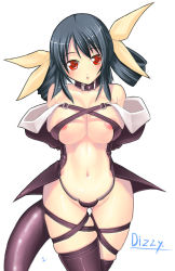 Rule 34 | 1girl, :o, arc system works, black hair, blue hair, blush, bow, breasts, collar, dizzy (guilty gear), guilty gear, hair bow, huge breasts, midriff, navel, no bra, open mouth, red eyes, solo, tail, thigh gap, thighhighs