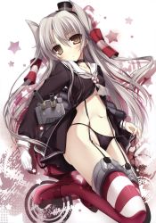 Rule 34 | 10s, 1girl, absurdres, amatsukaze (kancolle), black panties, bridal garter, cannon, choker, collarbone, garter straps, gradient background, grey hair, hat, high heels, highres, kantai collection, karory, long sleeves, looking at viewer, machinery, navel, open clothes, open shirt, panties, parted lips, pumps, red thighhighs, rensouhou-kun, robot, shirt, side-tie panties, stomach, striped clothes, striped thighhighs, thighhighs, turret, twintails, two side up, underwear, uniform, untied panties