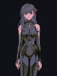Rule 34 | 1girl, armband, bare shoulders, black armband, black background, black hair, bow, check copyright, chromatic aberration, copyright request, elbow gloves, fate/stay night, fate (series), fingerless gloves, fingernails, garter straps, gloves, hair bow, highres, long hair, looking at viewer, matou sakura, mimulishizi, multicolored hair, parted lips, purple bow, purple eyes, purple hair, simple background, sketch, skindentation, solo, teeth, two-tone hair, upper teeth only
