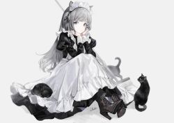 Rule 34 | 1girl, absurdres, animal, animal ears, apron, black cat, black dress, black footwear, black ribbon, boots, broom, cat, cat ears, chi4, closed mouth, commentary request, cross-laced footwear, dress, frilled apron, frilled hairband, frills, full body, grey background, grey eyes, grey hair, hairband, hands on own face, head rest, headdress, high heel boots, high heels, highres, juliet sleeves, legs up, long hair, long sleeves, looking at viewer, maid, maid apron, maid headdress, original, puffy sleeves, ribbon, signature, simple background, sitting, sleeve cuffs, solo, swept bangs