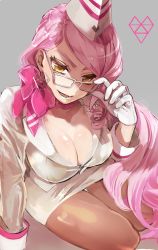 Rule 34 | 1girl, adjusting eyewear, bad id, bad twitter id, breasts, choker, cleavage, commentary request, earrings, eyewear strap, fate/grand order, fate (series), formal, glasses, gloves, hat, hnism y, jewelry, koyanskaya (fate), koyanskaya (foreigner) (first ascension) (fate), large breasts, long hair, looking at viewer, pantyhose, pink hair, ribbon, ribbon choker, simple background, skirt, sleeve cuffs, smile, solo, suit, tamamo (fate), very long hair, white gloves, yellow eyes