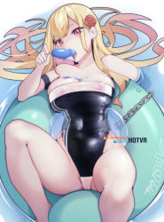 Rule 34 | 1girl, blonde hair, breasts, collarbone, covered navel, ear piercing, earrings, flower, gris swimsuit, hair flower, hair ornament, hot vr, jewelry, kitagawa marin, large breasts, long hair, looking at viewer, meme attire, nipples, one-piece swimsuit, open mouth, patreon username, piercing, pixiv username, red eyes, see-through, solo, sono bisque doll wa koi wo suru, swimsuit, teeth, thighs, tongue, tongue out, upper teeth only, water