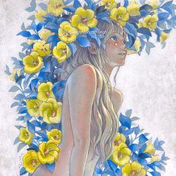 Rule 34 | 1girl, blonde hair, blue eyes, commentary request, flower, hair over breasts, highres, long hair, looking to the side, nude, oil painting (medium), original, painting (medium), parted lips, ringodrawing, solo, traditional media, upper body, yellow flower