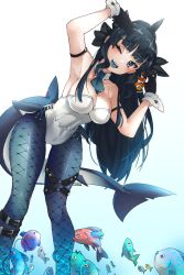 Rule 34 | 1girl, animal, armpits, arms up, artemis of the blue, atelier live, belt, black eyes, black gloves, black hair, blue neckwear, blue pantyhose, blue tongue, blunt bangs, breasts, clownfish, colored tongue, commission, covered navel, cowboy shot, cross-laced clothes, detached collar, earclip, fish, fishnet pantyhose, fishnets, gloves, highleg, highleg leotard, highres, holding, holding animal, holding fish, leaning to the side, leotard, mole, mole under eye, necktie, pantyhose, salute, shark, shark fin, shark girl, sharp teeth, short necktie, strapless, strapless leotard, studded thigh strap, suprhiro, teeth, thigh strap, tropical fish, virtual youtuber, white leotard, wrist cuffs