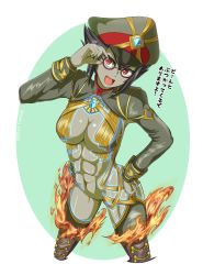 Rule 34 | 1girl, abs, areola slip, army uniform, boots, breasts, colored skin, fire, glasses, green skin, highres, large breasts, muscular, newt (xenoblade), nintendo, short hair, simple background, solo, thigh boots, thighhighs, translation request, xenoblade chronicles (series), xenoblade chronicles 2