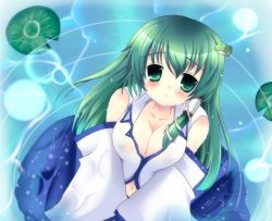 Rule 34 | 1girl, blush, breasts, cleavage, detached sleeves, female focus, from above, green eyes, green hair, kochiya sanae, large breasts, lily pad, long hair, looking up, matching hair/eyes, natsumikan, navel, no bra, solo, touhou, v arms, wet