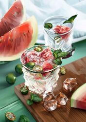 Rule 34 | blurry, bwlqq, commentary request, cup, cutting board, depth of field, drink, drinking glass, food, food focus, fruit, garnish, glass, ice, ice cube, leaf, lime (fruit), lime slice, no humans, original, realistic, still life, water, watermelon, watermelon slice
