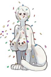 Rule 34 | 1girl, all fours, animal hands, black eyes, breasts, closed mouth, confetti, creature, full body, highres, large breasts, looking at viewer, meme, mossacannibalis, original, short hair, simple background, solo, tail, tbh creature (meme), white background, white hair