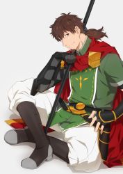 Rule 34 | 1boy, black gloves, boots, brown eyes, brown hair, cape, elbow gloves, facial hair, fate/grand order, fate (series), gauntlets, gloves, goatee, hand on own hip, hector (fate), highres, knee boots, lance, crossed legs, male focus, medium hair, nagiko (mangalove1111), over shoulder, pants, polearm, red cape, smile, solo, vambraces, weapon, weapon over shoulder, white pants