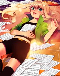 Rule 34 | 1girl, bad id, bad pixiv id, blonde hair, blue eyes, casual, long hair, looking at viewer, lying, on back, open mouth, parfait (ryunghu), seeu, sheet music, shorts, sleeves rolled up, smile, solo, tears, vocaloid