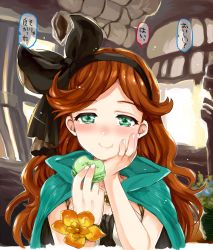 Rule 34 | 10s, 1girl, blurry, blush, breasts, cape, depth of field, dress, eating, elbow rest, futou ryouko, granblue fantasy, green cape, green eyes, hair between eyes, hair ribbon, hairband, head rest, head tilt, indoors, long hair, looking at viewer, orange hair, parted bangs, ribbon, sara (granblue fantasy), small breasts, smile, solo, translated, upper body, wavy hair, white dress, window