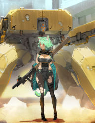 Rule 34 | 1girl, animal ears, black pantyhose, black shirt, black shorts, boots, breasts, building, cat ears, cat tail, character cutout, cleavage, commentary request, covered navel, green hair, highres, holding, holding weapon, kare huang, large breasts, pantyhose under shorts, original, pantyhose, red eyes, robot, shirt, short hair, shorts, snow, tail, torn clothes, torn legwear, weapon