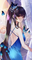 Rule 34 | 1girl, agano (azur lane), agano (blue butterfly&#039;s confession) (azur lane), ahoge, alternate costume, azur lane, bare back, bare shoulders, black hair, blue butterfly, blue dress, bug, butterfly, dress, hair ornament, highres, insect, long hair, looking at viewer, poho, ponytail, red eyes, solo, very long hair