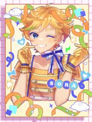Rule 34 | 1boy, blonde hair, blue eyes, character name, cloud, confetti, double finger heart, earrings, ensemble stars!, finger heart, gloves, harukawa sora, heart, highres, jewelry, looking at viewer, male focus, multicolored background, neck ribbon, official alternate costume, one eye closed, orange gloves, orange shirt, red background, ribbon, riri (riri nemuioo0), shirt, smile, solo, star (symbol), striped, striped background, teeth, yellow background