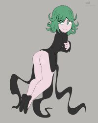 Rule 34 | 1girl, absurdres, ass, bottomless, female focus, from side, full body, green eyes, green hair, grey background, highres, looking back, non-web source, one-punch man, self-upload, simple background, solo, tagme, tatsumaki, val (b lentin)