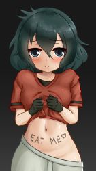 Rule 34 | 1girl, arkeden razeare, black eyes, black hair, blush, body writing, clothes lift, eat me, english text, frown, gloves, gradient background, highres, kaban (kemono friends), kemono friends, looking at viewer, messy hair, navel, presenting, shirt lift, shorts, stomach, sweat
