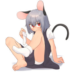 Rule 34 | 1girl, animal ears, barefoot, blush, closed mouth, commentary request, dress, eyes visible through hair, feet, full body, greenpiecerice, grey dress, grey hair, hair between eyes, highres, holding sock, looking at viewer, medium bangs, mouse ears, mouse girl, mouse tail, nazrin, panties, pinafore dress, red eyes, shirt, short hair, simple background, single sock removed, sitting, sleeveless, sleeveless dress, socks, solo, tail, toes, touhou, underwear, v-shaped eyebrows, white background, white panties, white shirt