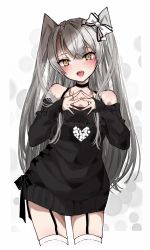 Rule 34 | 1girl, amatsukaze (kancolle), bare shoulders, black dress, blush, bow, chigasaki yukari, commentary request, cowboy shot, dress, grey hair, hair bow, highres, jewelry, kantai collection, long hair, looking at viewer, necklace, off shoulder, open mouth, smile, solo, thighhighs, two side up, white bow, white thighhighs, yellow eyes