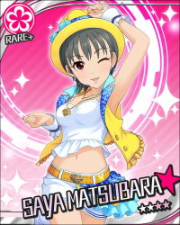 Rule 34 | 10s, 1girl, arm up, armpits, artist request, belt, black hair, breasts, card (medium), character name, collarbone, earrings, flower (symbol), hat, headset, idolmaster, idolmaster cinderella girls, jewelry, looking at viewer, matsubara saya, midriff, navel, necklace, official art, one eye closed, pink background, red eyes, short hair, skirt, solo, wrist cuffs