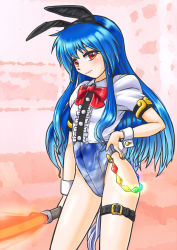 Rule 34 | 1girl, animal ears, bare legs, blue hair, blue leotard, bow, breasts, chain, contrapposto, covered navel, cowboy shot, gradient leotard, hand on own hip, hinanawi tenshi, holding, holding weapon, leg belt, leotard, long hair, looking at viewer, mail (mail gell), neck ribbon, playboy bunny, puffy short sleeves, puffy sleeves, rabbit ears, rabbit tail, red bow, red eyes, ribbon, shirt, short sleeves, small breasts, solo, standing, sword, sword of hisou, tail, touhou, weapon, white shirt, wrist cuffs
