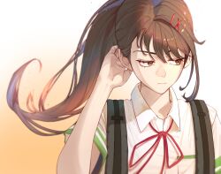 Rule 34 | 1girl, arm up, backpack, bag, brown eyes, brown hair, closed mouth, gradient background, hair between eyes, hair ornament, hairclip, looking away, neck ribbon, pengpeng dohyung, ponytail, red ribbon, ribbon, school uniform, shirt, short sleeves, simple background, solo, iwato suzume, suzume no tojimari, swept bangs, upper body, white shirt