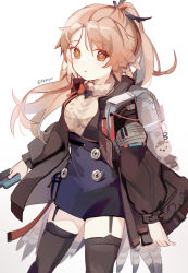 Rule 34 | 1girl, absurdres, arknights, backpack, bag, black coat, brown eyes, brown hair, coat, feathers, hair between eyes, hair ornament, high-waist skirt, highres, holding, holding weapon, long hair, long sleeves, looking at viewer, mole, mole under eye, open clothes, open coat, pinecone (arknights), rippajun, simple background, skirt, solo, stuffed animal, stuffed toy, sweater, teddy bear, twitter username, weapon, white background, white sweater
