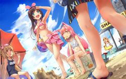 Rule 34 | 5girls, ahoge, animal ear fluff, animal ears, arm up, bare arms, bare shoulders, beach, bikini, black one-piece swimsuit, blue eyes, blue sky, blurry, blurry background, bottle, breasts, brown footwear, brown hair, cat ears, character request, cleavage, closed eyes, cloud, cloudy sky, collarbone, commentary request, crossover, day, depth of field, dutch angle, food, food in mouth, hair ornament, hair ribbon, hand up, hat, heart, hinata channel, horizon, index finger raised, innertube, kaguya luna, kizuna ai, kizuna ai inc., light brown hair, long hair, low-tied long hair, medium breasts, mouth hold, multicolored hair, multiple crossover, multiple girls, natori sana, nekomiya hinata, nurse cap, ocean, one-piece swimsuit, outdoors, pink bikini, pink hair, pink hat, pink ribbon, popsicle, rabbit hair ornament, red eyes, ribbon, sana channel, sand, sand castle, sand sculpture, sandals, school swimsuit, shirt, sitting, sky, streaked hair, sweat, swim ring, swimsuit, tank top, the moon studio, very long hair, virtual youtuber, water, water bottle, white shirt, xiaoyu