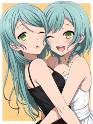 2girls ;d ;o aqua_hair bang_dream! black_camisole blush braid breasts camisole cheek-to-cheek cleavage commentary_request green_eyes heads_together highres hikawa_hina hikawa_sayo hug long_hair looking_at_viewer multiple_girls noshimurin one_eye_closed open_mouth short_hair siblings side_braids simple_background sisters smile teeth twins upper_teeth_only white_camisole yellow_background