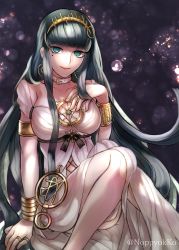 Rule 34 | 1girl, armlet, bad id, bad pixiv id, bracelet, breasts, choker, cleopatra (fate), cleopatra (third ascension) (fate), closed mouth, collarbone, dress, earrings, eyeliner, fate/grand order, fate (series), feet out of frame, fingernails, green eyes, green hair, hairband, highres, hoop earrings, jewelry, legs, long dress, long hair, looking at viewer, makeup, medium breasts, necklace, noppyokko, ring, sitting, sleeveless, sleeveless dress, smile, solo, twitter username, very long hair, white choker, white dress