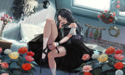 Rule 34 | 1girl, ballet slippers, bed, black hair, blue eyes, cross-laced clothes, detached collar, detached sleeves, dress, dutch angle, flower, flower pot, freestyle18, hanging plant, lantern, leaf, legs, long hair, open mouth, original, pillow, ribbon shoes, rose, single tear, sitting, skylight, socks, tearing up, teeth, vase, white legwear, window, wreath, wrist cuffs, yawning