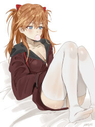 Rule 34 | 1girl, artist name, bed, blue eyes, blush, breasts, brown hair, chewing gum, expressionless, hair ornament, hand on own hip, hands in pockets, haruri, highres, jacket, legs together, long hair, medium breasts, neon genesis evangelion, on bed, pillow, plugsuit, shiny clothes, simple background, sitting, solo, souryuu asuka langley, standing, thighhighs, two side up, white background, white thighhighs
