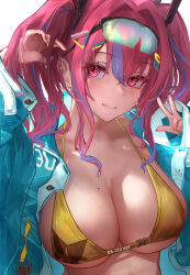 Rule 34 | 1girl, absurdres, asaikeu, azur lane, bikini, blue jacket, breasts, bremerton (azur lane), character name, cleavage, collarbone, commentary, earrings, eyewear on head, gold bikini, grey hair, grin, hair between eyes, hair intakes, hair ornament, hairclip, hands up, highres, jacket, jewelry, large breasts, long hair, looking at viewer, mole, mole on breast, mole under eye, multicolored hair, open clothes, open jacket, pink eyes, pink hair, sidelocks, smile, solo, standing, stomach, streaked hair, swimsuit, twintails, two-tone hair, underboob, upper body, v, yellow bikini
