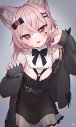 Rule 34 | 1girl, animal ear fluff, animal ears, belt, black cardigan, black dress, borrowed character, breasts, cardigan, chromatic aberration, claw pose, commission, crossed bangs, dress, facial mark, female focus, grey background, hair intakes, hair ornament, head tilt, heart, heart o-ring, highres, looking at viewer, nail polish, o-ring, open cardigan, open clothes, open mouth, original, pink hair, plunging neckline, purple eyes, saebashi, sleeves past wrists, small breasts, solo, strapless, x hair ornament